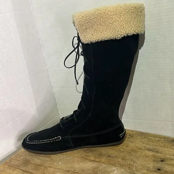 Sperry topsider tall black moccasin boots‎ Sherpa lace up booties