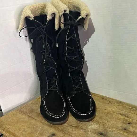 Sperry topsider tall black moccasin boots‎ Sherpa lace up booties