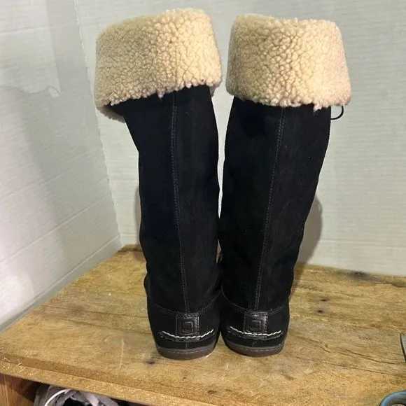 Sperry topsider tall black moccasin boots‎ Sherpa lace up booties