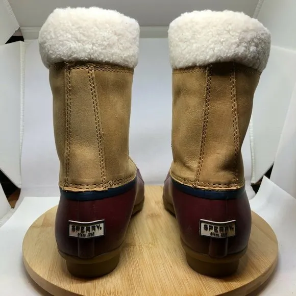 Sperry Womens Sz 8 Saltwater Tall Cozy Faux Fur Tan Leather Duck Boots Side Zip