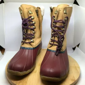Sperry Womens Sz 8 Saltwater Tall Cozy Faux Fur Tan Leather Duck Boots Side Zip