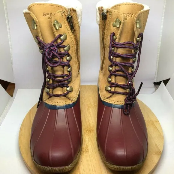Sperry Womens Sz 8 Saltwater Tall Cozy Faux Fur Tan Leather Duck Boots Side Zip