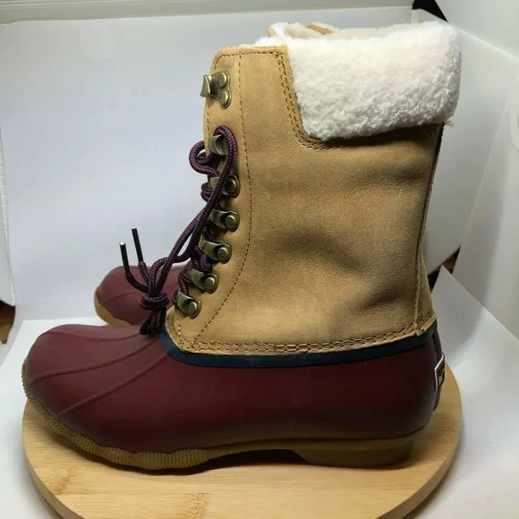 Sperry Womens Sz 8 Saltwater Tall Cozy Faux Fur Tan Leather Duck Boots Side Zip