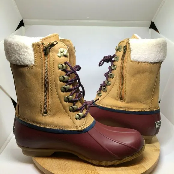 Sperry Womens Sz 8 Saltwater Tall Cozy Faux Fur Tan Leather Duck Boots Side Zip