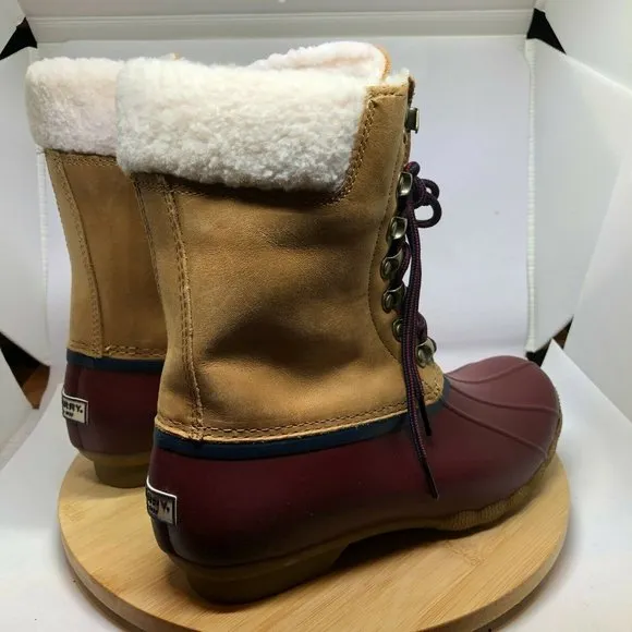 Sperry Womens Sz 8 Saltwater Tall Cozy Faux Fur Tan Leather Duck Boots Side Zip