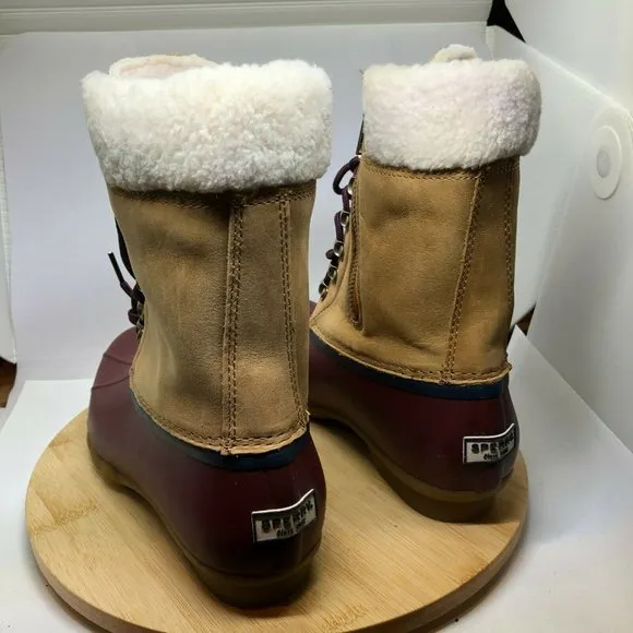 Sperry Womens Sz 8 Saltwater Tall Cozy Faux Fur Tan Leather Duck Boots Side Zip