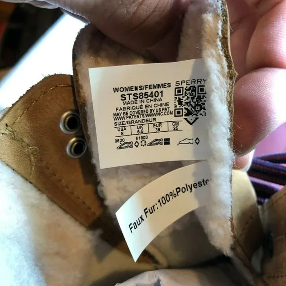 Sperry Womens Sz 8 Saltwater Tall Cozy Faux Fur Tan Leather Duck Boots Side Zip