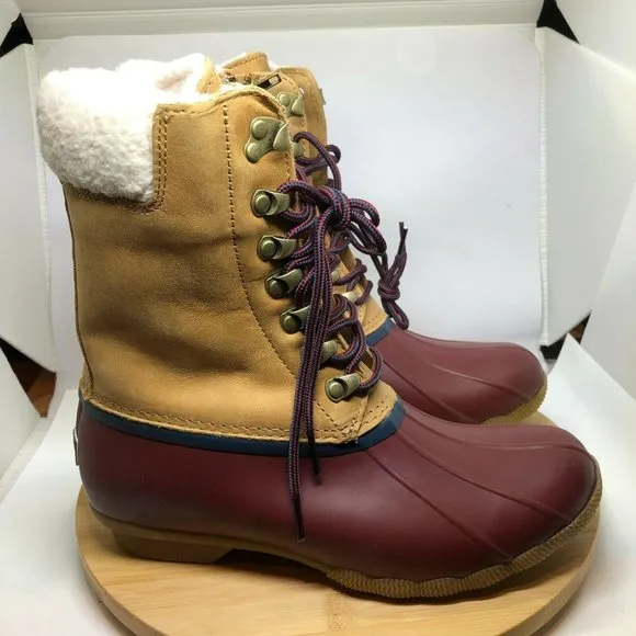 Sperry Womens Sz 8 Saltwater Tall Cozy Faux Fur Tan Leather Duck Boots Side Zip