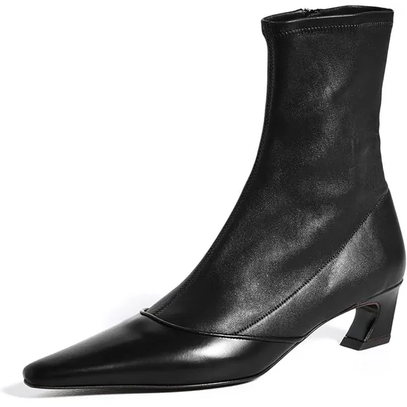 Square Toe Kitten Heel Ankle Boots Side Zipper Dress Heeled Booties - Black