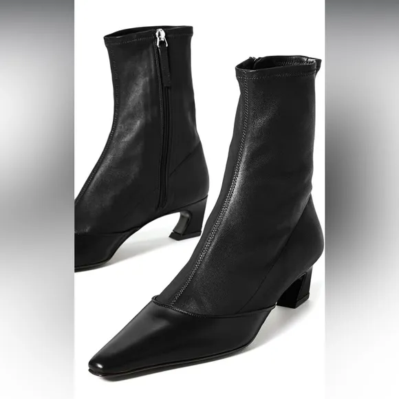 Square Toe Kitten Heel Ankle Boots Side Zipper Dress Heeled Booties - Black