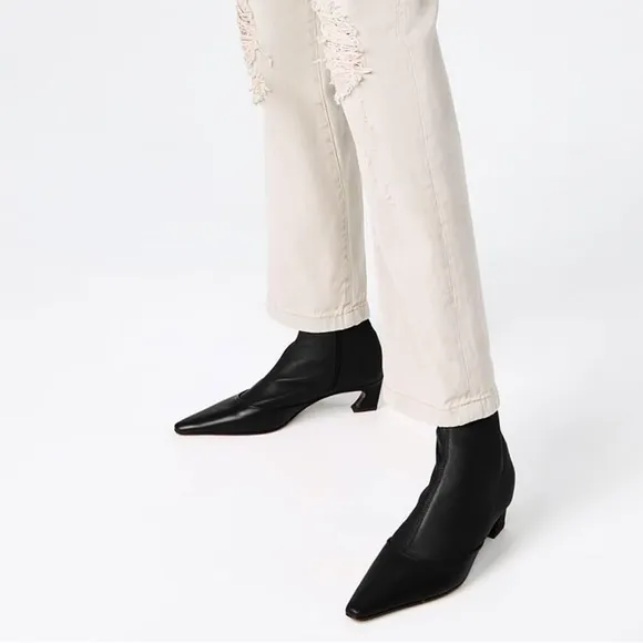 Square Toe Kitten Heel Ankle Boots Side Zipper Dress Heeled Booties - Black