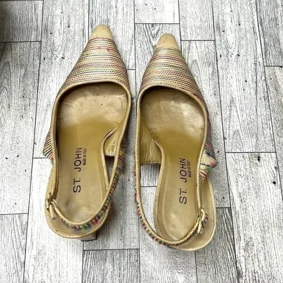 St. John Multi Color Raffia and Leather Slingback Heels Size 6 B