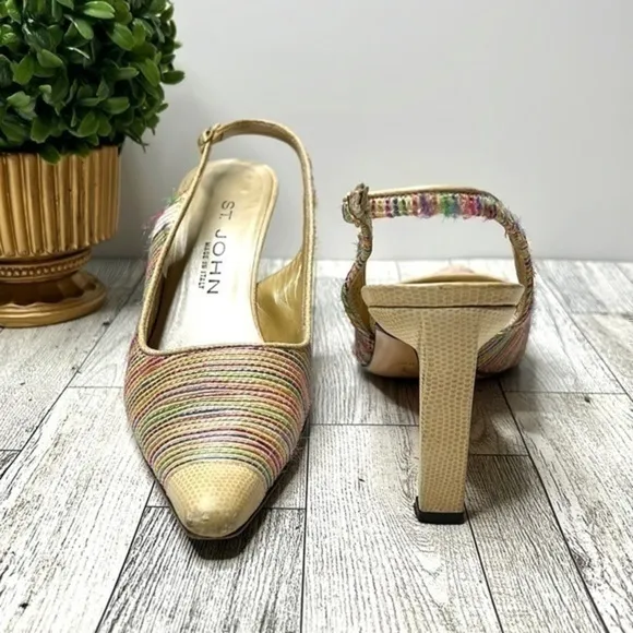 St. John Multi Color Raffia and Leather Slingback Heels Size 6 B