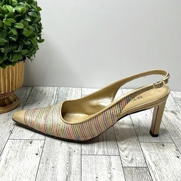 St. John Multi Color Raffia and Leather Slingback Heels Size 6 B