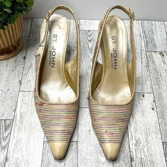 St. John Multi Color Raffia and Leather Slingback Heels Size 6 B