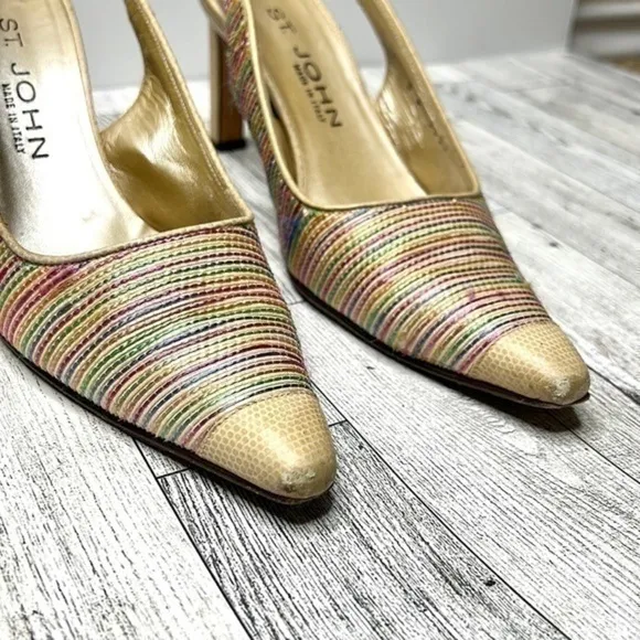 St. John Multi Color Raffia and Leather Slingback Heels Size 6 B