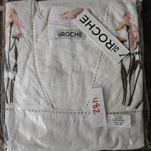 St. Roche Lake Mini Ivory Floral Embroidered short sleeve Mini Dress XS NWT