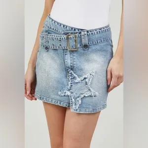 Star Patch Asymmetrical Denim Mini Skirt with Belt