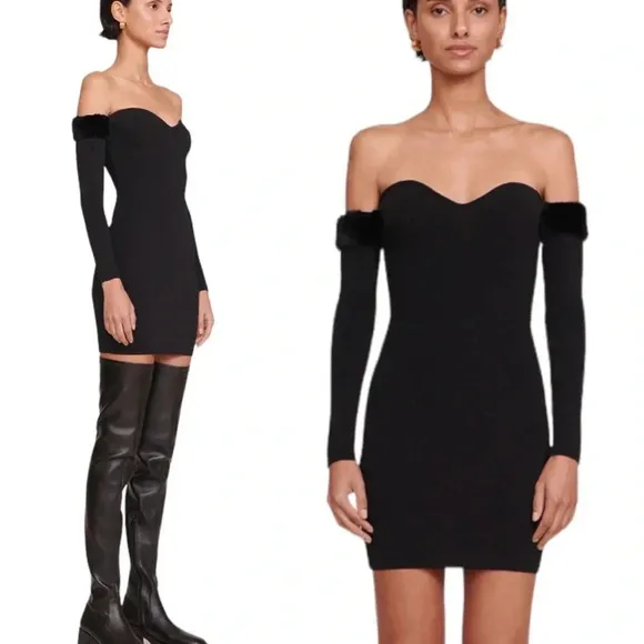 Staud Josee Knit Strapless Mini Dress with Faux Fur Trimmed Sleeves Black M NWT
