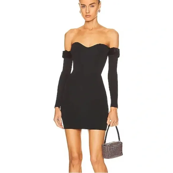 Staud Josee Knit Strapless Mini Dress with Faux Fur Trimmed Sleeves Black M NWT