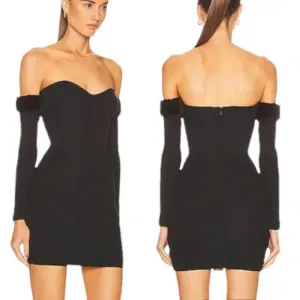 Staud Josee Knit Strapless Mini Dress with Faux Fur Trimmed Sleeves Black M NWT