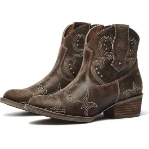 Sterling River Brown Embroidery Stud R-Toe Cowgirl Booties Women's Size 8.5
