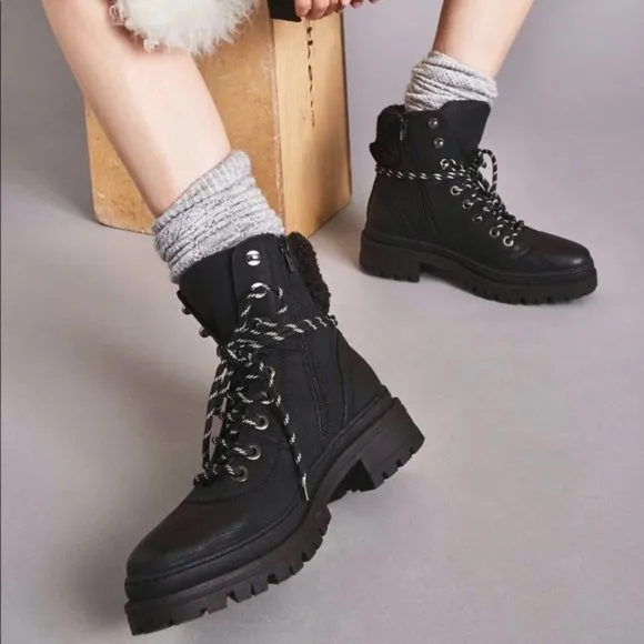Steve Madden Keystone Combat Boots Faux Fur Lace Up Lug Sole Black Size 7 NEW