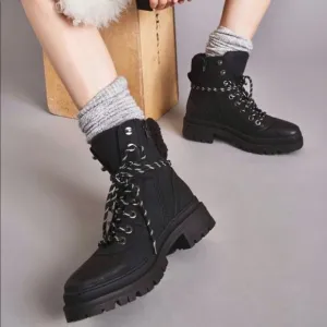 Steve Madden Keystone Combat Boots Faux Fur Lace Up Lug Sole Black Size 7 NEW