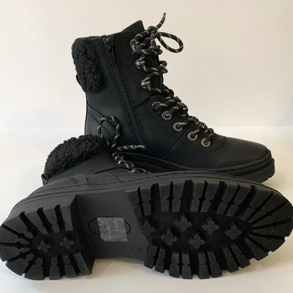Steve Madden Keystone Combat Boots Faux Fur Lace Up Lug Sole Black Size 7 NEW