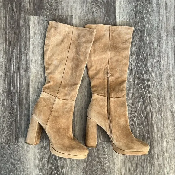 Steve Madden Marcello Platform Heeled Suede Boots 11 Tan Brown