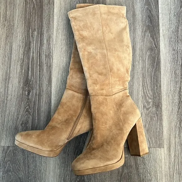 Steve Madden Marcello Platform Heeled Suede Boots 11 Tan Brown