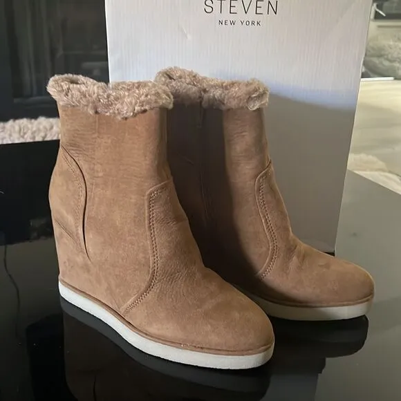 STEVEN NEW YORK MARBELLA FAUX LEATHER HEEL ANKLE BOOTS tan 8.5