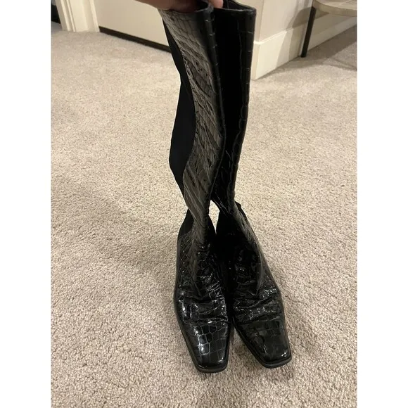 STUART WEITZMAN Black Alligator Patent Leather Block Heel Knee High Boots 8