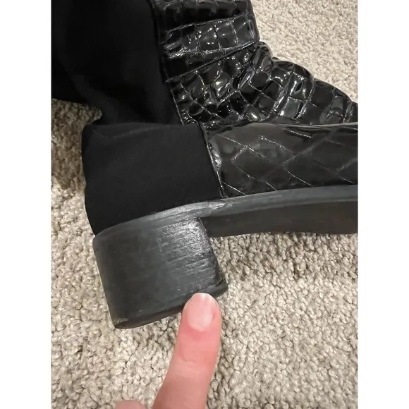 STUART WEITZMAN Black Alligator Patent Leather Block Heel Knee High Boots 8