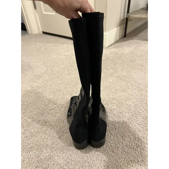 STUART WEITZMAN Black Alligator Patent Leather Block Heel Knee High Boots 8