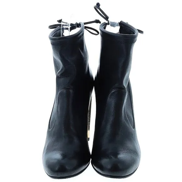 Stuart Weitzman Black Leather Ankle Boot Lucite Gold Block Heels Tie Back Size 9