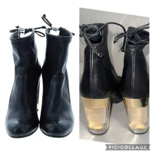 Stuart Weitzman Black Leather Ankle Boot Lucite Gold Block Heels Tie Back Size 9