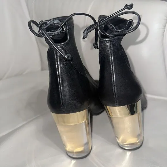 Stuart Weitzman Black Leather Ankle Boot Lucite Gold Block Heels Tie Back Size 9