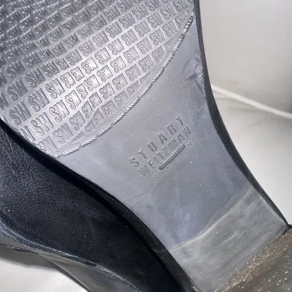 Stuart Weitzman Black Leather Ankle Boot Lucite Gold Block Heels Tie Back Size 9