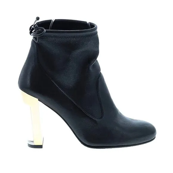 Stuart Weitzman Black Leather Ankle Boot Lucite Gold Block Heels Tie Back Size 9