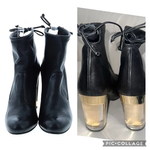 Stuart Weitzman Black Leather Ankle Boot Lucite Gold Block Heels Tie Back Size 9