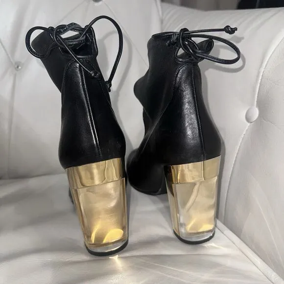 Stuart Weitzman Black Leather Ankle Boot Lucite Gold Block Heels Tie Back Size 9