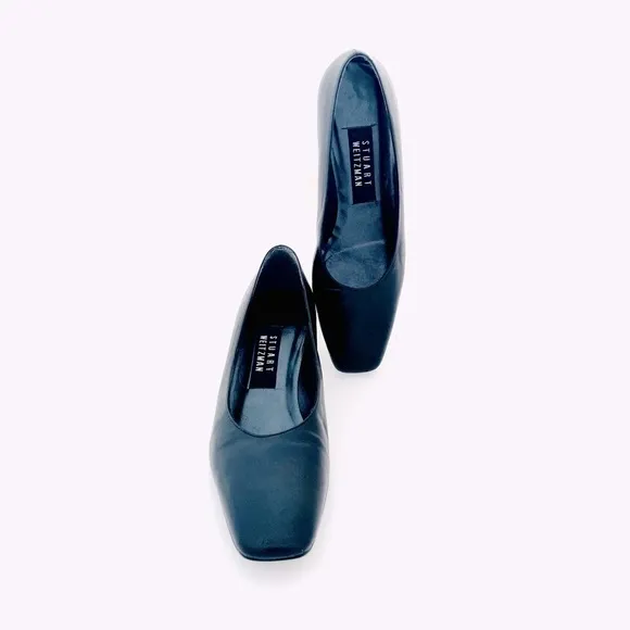 STUART WEITZMAN Black Leather Low Heels Women’s Pumps Mirrored Heel Dress Shoes