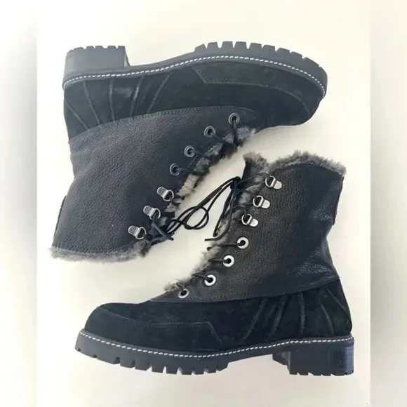 Stuart Weitzman Faux Fur Trim Black Suede &amp; Leather Lace Up Lug Sole Boots 9.5