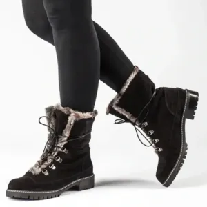 Stuart Weitzman Faux Fur Trim Black Suede &amp; Leather Lace Up Lug Sole Boots 9.5