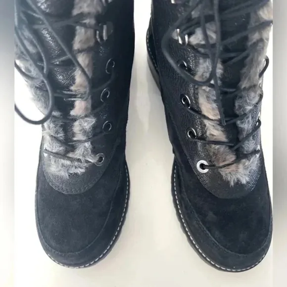 Stuart Weitzman Faux Fur Trim Black Suede &amp; Leather Lace Up Lug Sole Boots 9.5