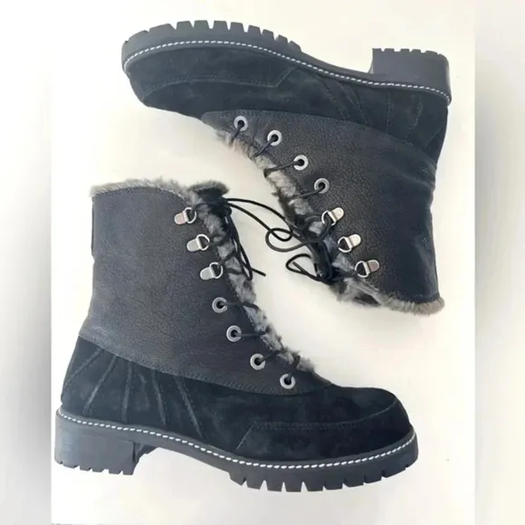 Stuart Weitzman Faux Fur Trim Black Suede &amp; Leather Lace Up Lug Sole Boots 9.5