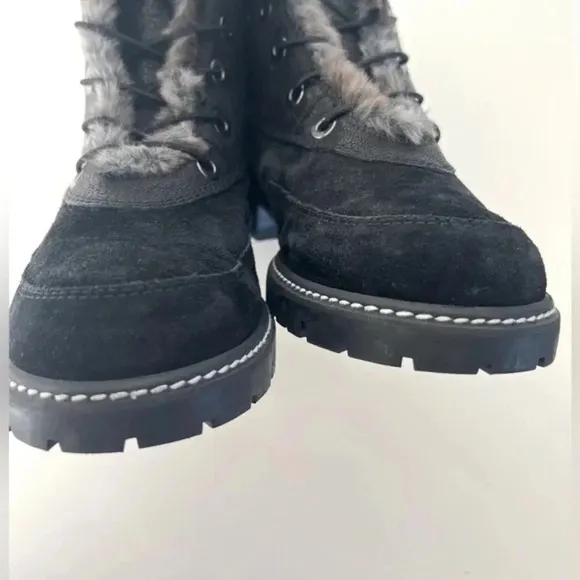 Stuart Weitzman Faux Fur Trim Black Suede &amp; Leather Lace Up Lug Sole Boots 9.5