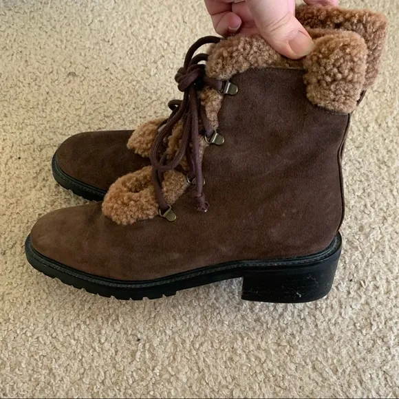 Stuart Weitzman Mid Calf Suede Leather Boots Brown with Faux Fur Trim | Size 6