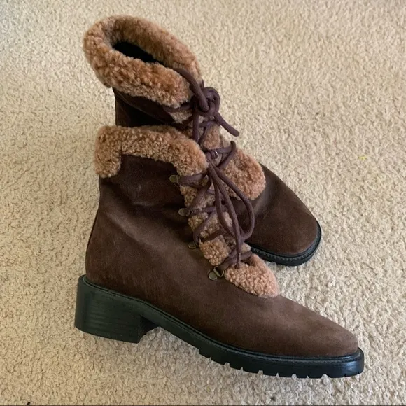 Stuart Weitzman Mid Calf Suede Leather Boots Brown with Faux Fur Trim | Size 6